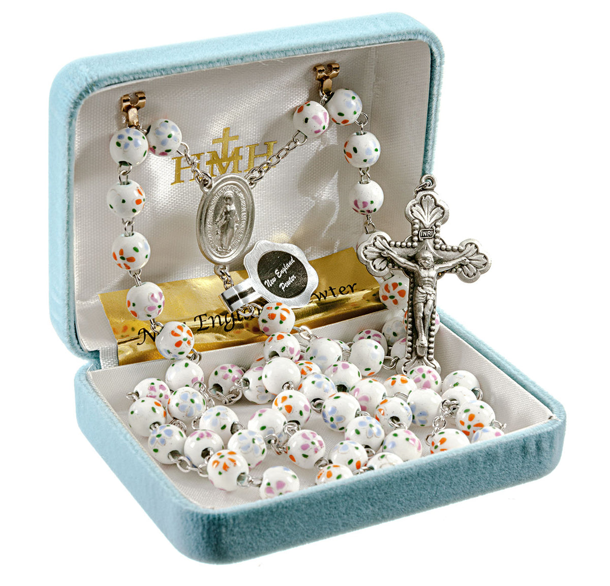 White and Orange Glass Flower Bead Rosary, Pewter Crucifix and Center