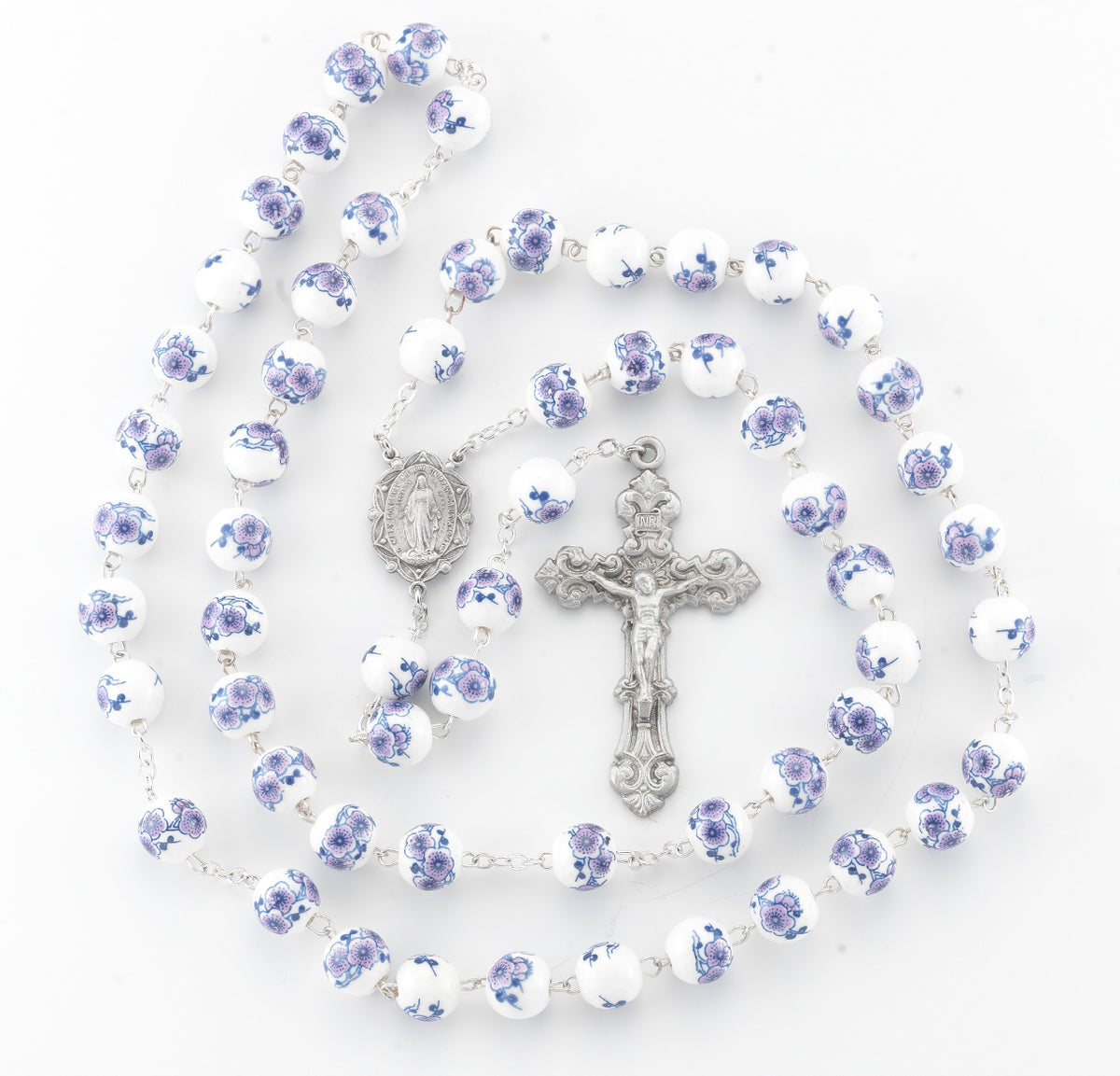 White and Violet Glass Flower Bead Rosary, Pewter Crucifix and Center