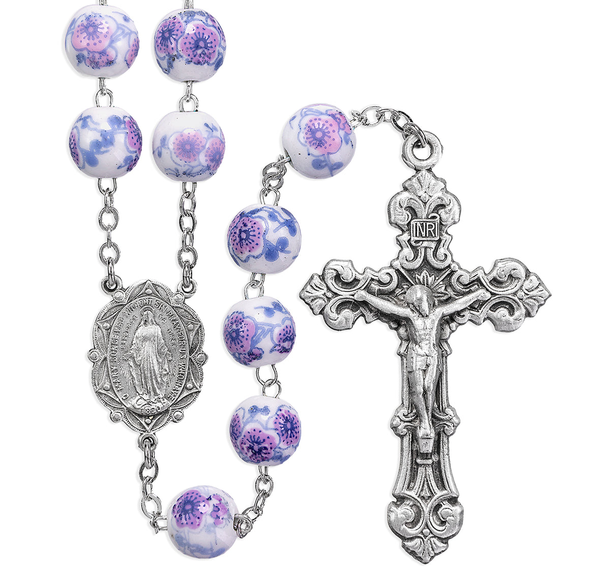 White and Violet Glass Flower Bead Rosary, Pewter Crucifix and Center
