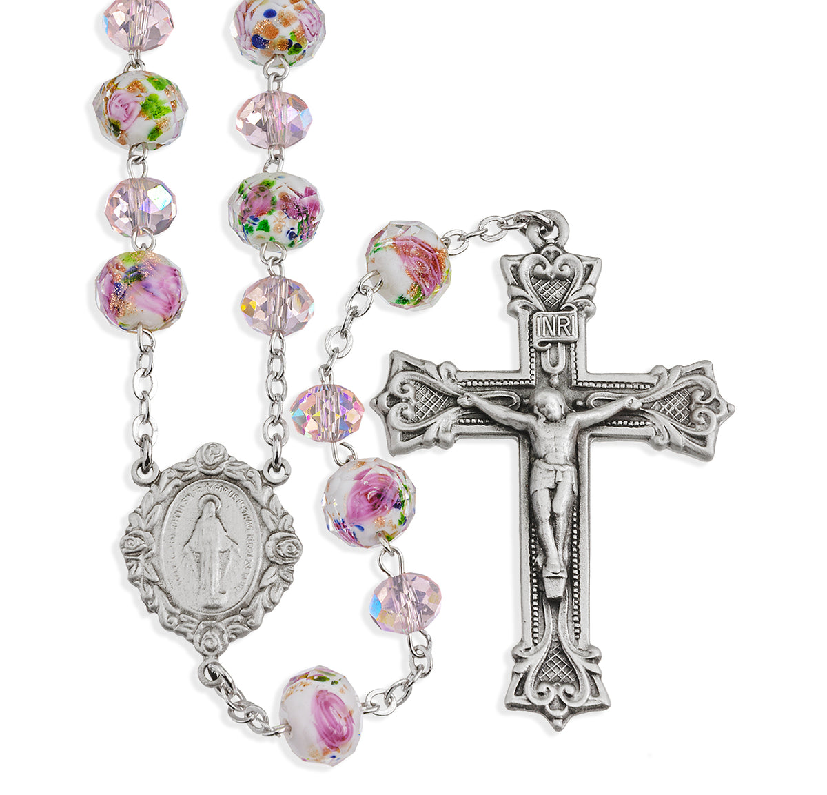 8mm Pink Faceted Glass Flower Bead Rosary, Pewter Crucifix and Center