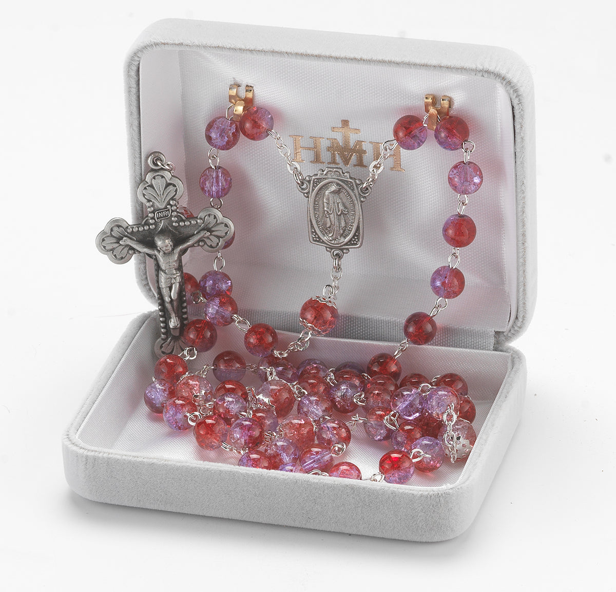 6mm Ruby Amethyst Crackle Glass Bead Rosary, Pewter Crucifix and Center