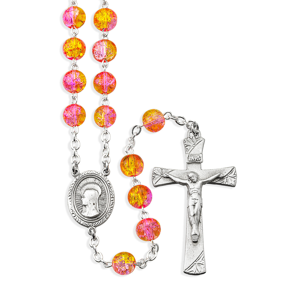 8mm Yellow Crackle Bead Rosary, Pewter Crucifix and Center