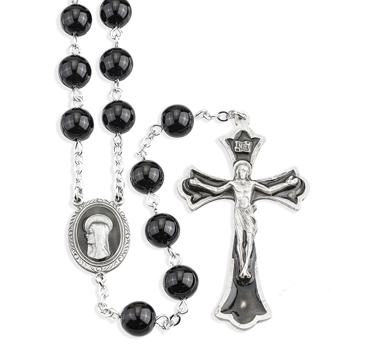 8mm Round Onyx Bead Rosary, Pewter Crucifix and Center