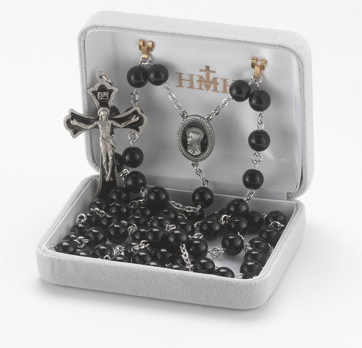8mm Round Onyx Bead Rosary, Pewter Crucifix and Center