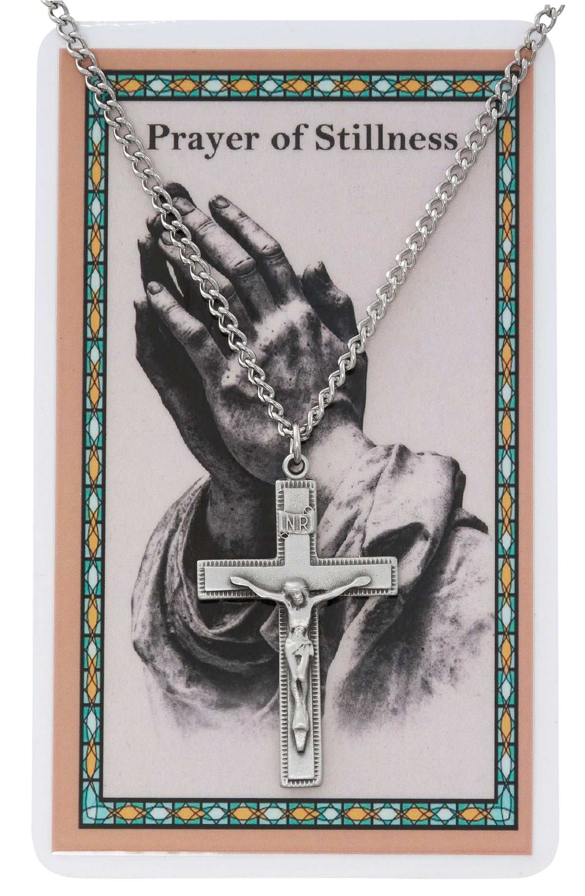 Pewter Crucifix Necklace with Prayer of Stillness Card