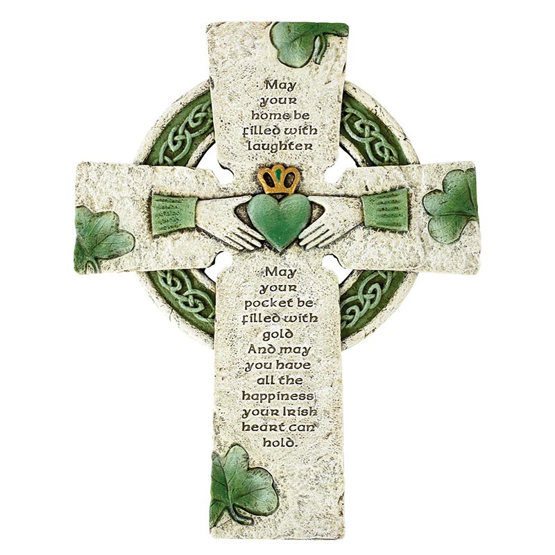 Irish Celtic Cross with Claddagh & Shamrocks – Stone Resin Wall Cross