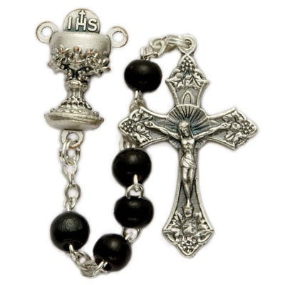 First Communion Black Wood Rosary with Chalice Centerpiece