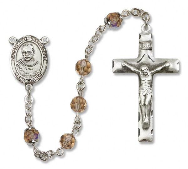 St. Maximilian Kolbe Sterling Silver Heirloom Rosary Squared Crucifix