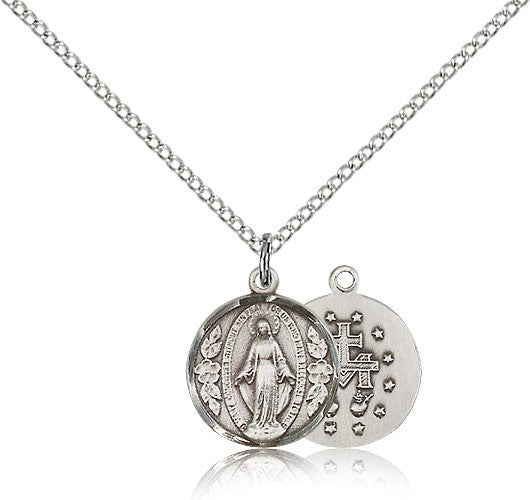 Petite Miraculous Medal with Floral Leaf Accents Necklace