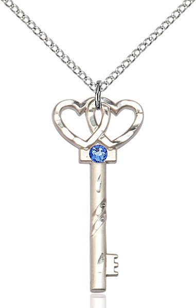 Small Key with Double Heart Pendant in Sterling Silver and Birthstone