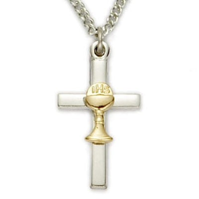 First Communion Sterling Silver Cross Pendant with Gold Chalice