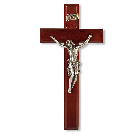 Dark Cherry Wood and Silverstone Corpus Wall Crucifix - 11 inch