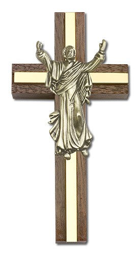 Risen Christ Wall Cross in Walnut and Metal Inlay 4"
