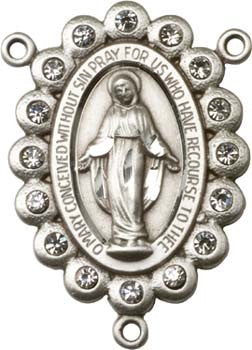 Large Miraculous Sterling Silver Rosary Centerpiece with Clear Glass Stud Border