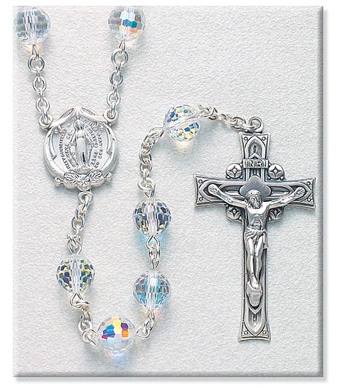 8mm Crystal Swarovski Beads Rosary in Sterling Silver with Round Miraculous Center