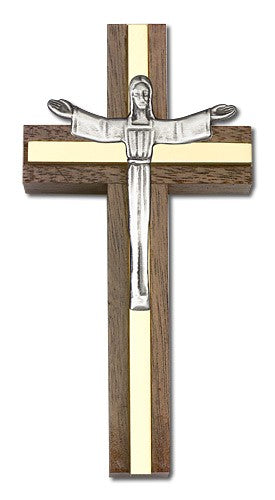 Contemporary Risen Christ Wall Cross in Walnut and Metal Inlay 4"