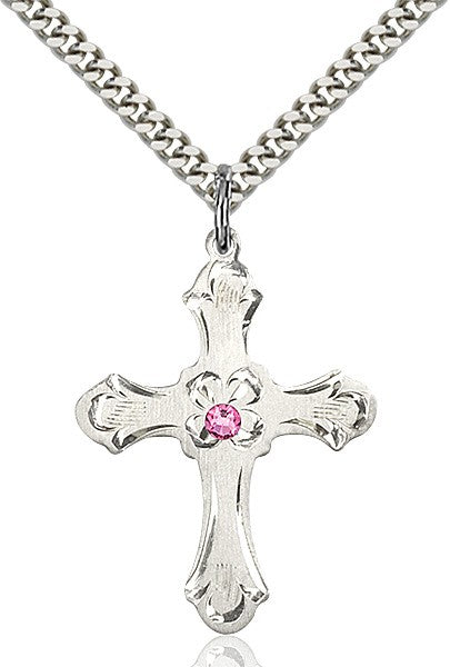Budded Cross Pendant with Etched Border Birthstone Options