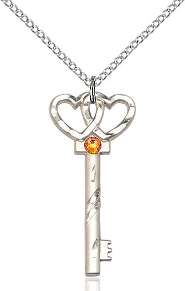 Small Key with Double Heart Pendant in Sterling Silver and Birthstone