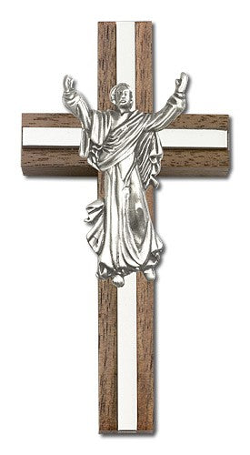 Risen Christ Wall Cross in Walnut and Metal Inlay 4"