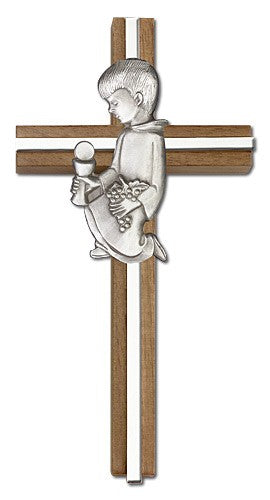 First Communion Boy Wall Cross in Walnut and Metal Inlay - 6 inch