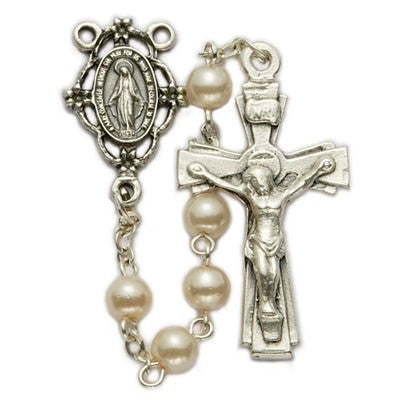 First Communion Pearl Rosary with Miraculous Centerpiece