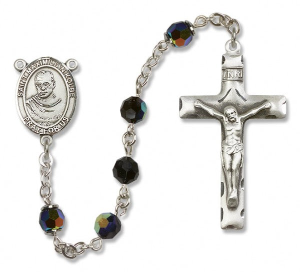 St. Maximilian Kolbe Sterling Silver Heirloom Rosary Squared Crucifix