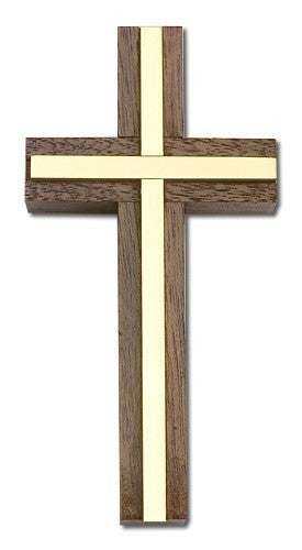 Walnut Wall Cross with Metal Inlay 4" two color combination