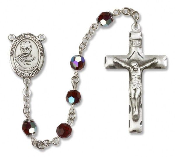 St. Maximilian Kolbe Sterling Silver Heirloom Rosary Squared Crucifix