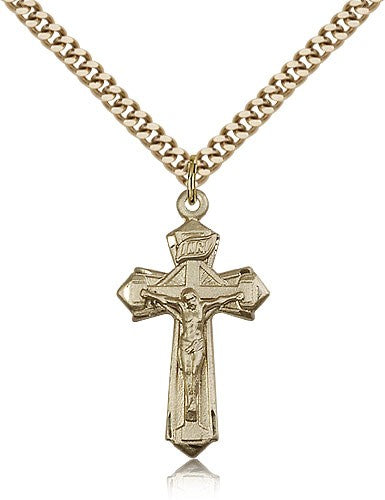 Point Tip Geometric Crucifix Pendant | Sterling Silver & 14K Gold