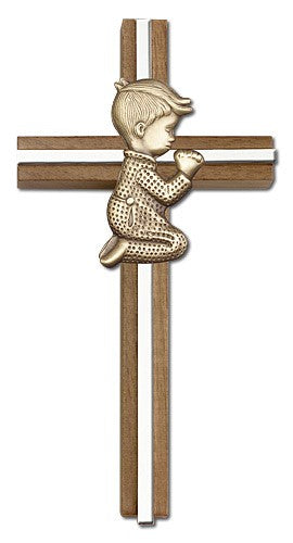 Praying Boy Cross in Walnut 6" with Metal Inlay