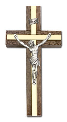 Classic Crucifix Wall Cross in Walnut and Metal Inlay 4"
