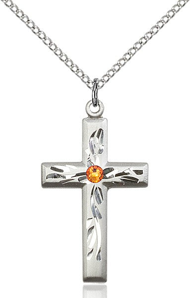 Squared Edge Cross with Vine Etching with Birthstone Options