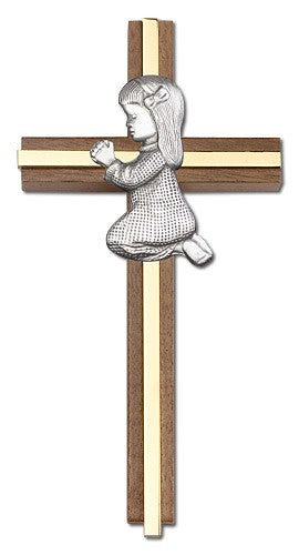 Praying Girl Cross in Walnut 6" with Metal Inlay