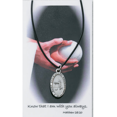 St. Christopher Softball Medal Leather Cord Necklace with Prayer Card for Girls & Women