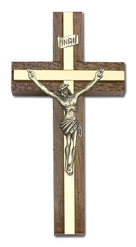 Classic Crucifix Wall Cross in Walnut and Metal Inlay 4"