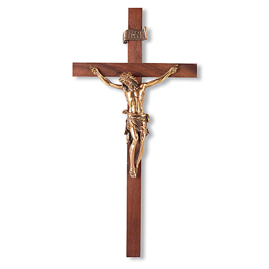 INRI Gold-tone Walnut Wall Crucifix - 11 inch
