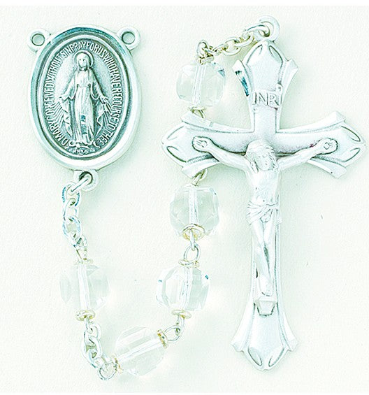 8mm Tin Cut Cube Crystal Bead Rosary in Sterling Silver