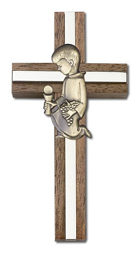 First Communion Boy Wall Cross in Walnut and Metal Inlay 4 inch