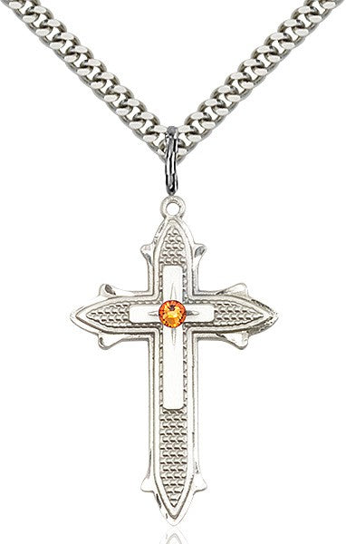 Large Textured Cross Pendant with 3mm Swarovski bead Birthstone Option for Women