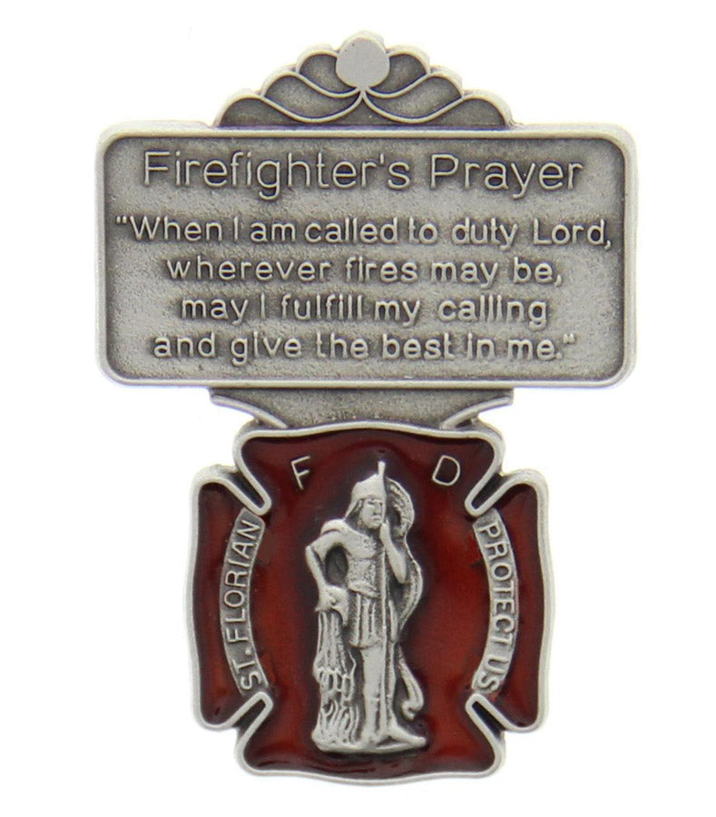 St. Florian Firefighter Prayer Visor Clip, Red Enamel, Pewter - 2 1/8'H