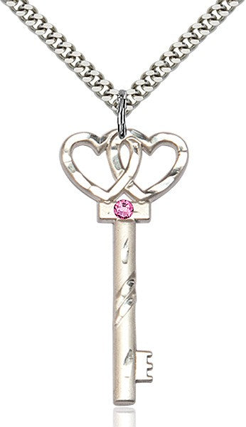 Larger Double Hearts Key Pendant with Birthstone