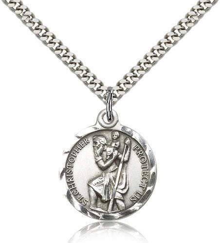Textured Border St. Christopher Necklace - Nickel Size