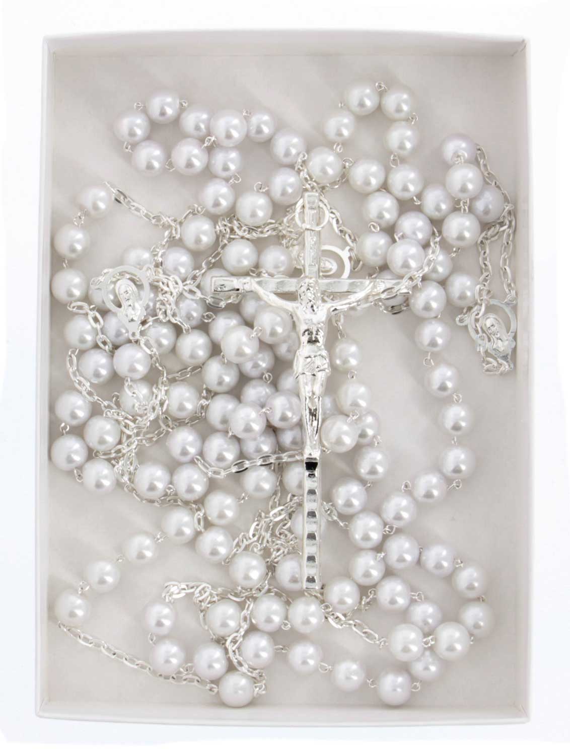Pearl Lasso Wedding Rosary Silver Tone Accents