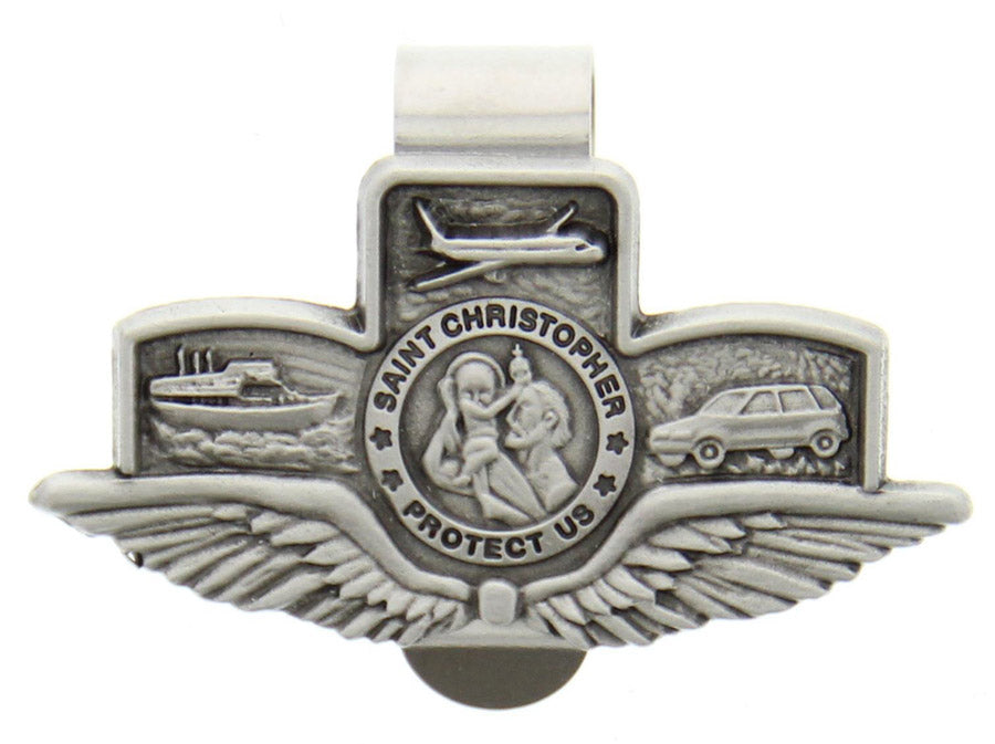 St. Christopher with Wings Land-Air-Sea Visor Clip, Pewter - 2 5/8" W