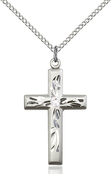 Squared Edge Cross with Vine Etching with Birthstone Options