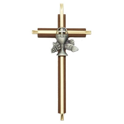 First Communion Cross in Walnut and Brass - 7 inch