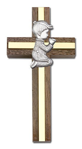 Praying Boy Cross in Walnut 4" with Metal Inlay