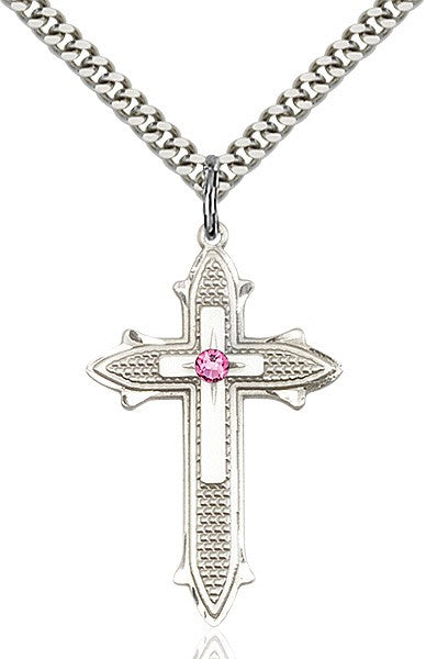 Large Textured Cross Pendant with 3mm Swarovski bead Birthstone Option for Women