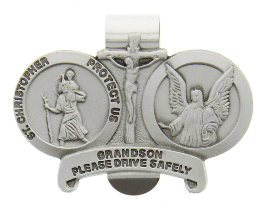 St. Christopher & Guardian Angel Protect My Grandson Visor Clip, Pewter - 2 1/2'W