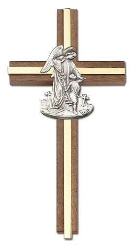 Guardian Angel 6" Wall Cross in Walnut Wood and Metal Inlay